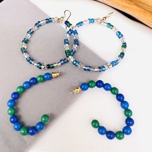 Earrings Lot 2 Pair Beaded Hoop Pierced Blue Green Beads Dangle Drop 4211 - Picture 2 of 7